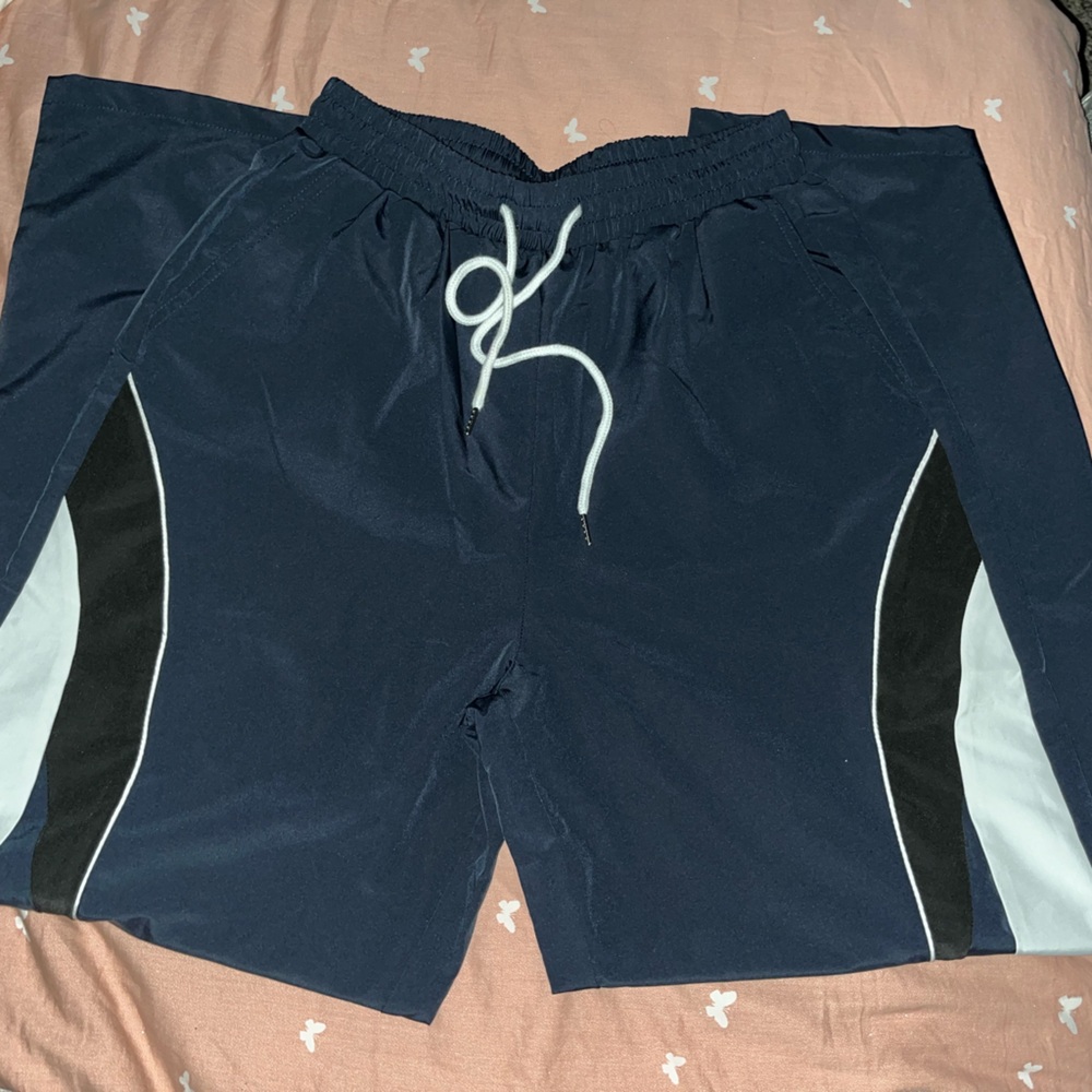 Navy Track Pants with White and Black Stripes